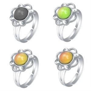 Detail view of retro flower shape rings with colorful color-changing oval stones