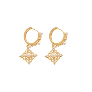 18K gold plated zircon and pearl rhombus drop earrings with vintage court style aesthetic