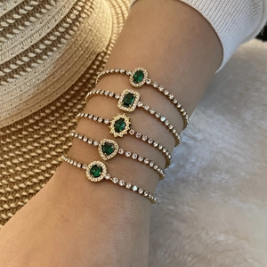 Tennis Bracelet Stainless Steel Zircon Gold Plated Emerald Green Heart Oval Waterdrop Shape Elegant Jewelry Women Adjustable
