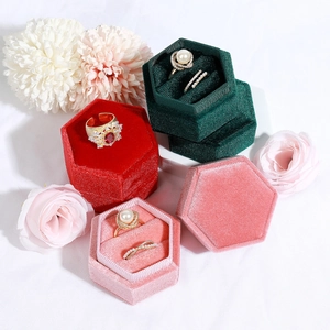 Elegant hexagonal velvet jewelry boxes for rings in multiple colors with floral decor