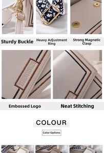 Detail of cream leather bag featuring floral embroidery and jacquard shoulder strap