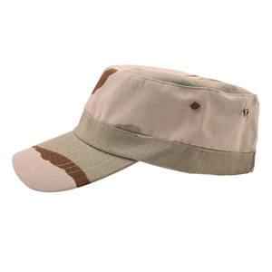 Detail of desert camo cadet cap showing reinforced brim and metal ventilation eyelets