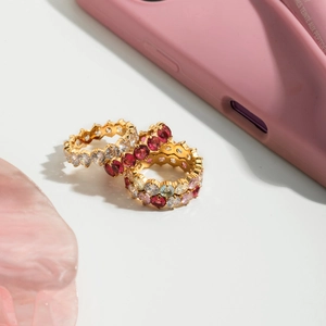 Three-piece gold-plated stainless steel ring set with colorful round cubic zirconia stones
