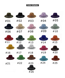 Multiple colors of wool fedora hats with metal chain decoration shown in a grid