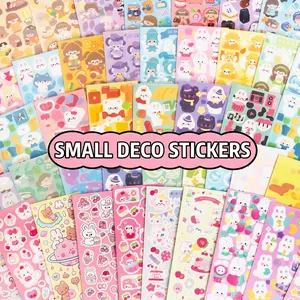 Detail of colorful cartoon PET stickers with rabbits and bears for DIY journaling