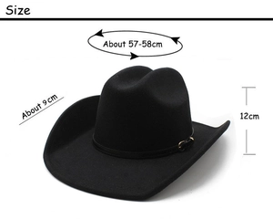 Detailed size specifications for western cowboy hat with measurements and metal buckle
