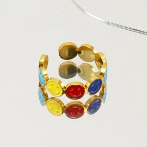 Bague réglable en acier doré avec des smileys colorés en émail sur surface miroir