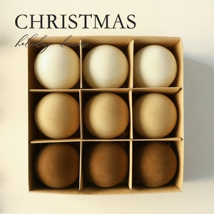 Nine-piece set of flocked Christmas balls in earthy tones for holiday tree decoration