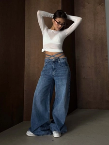 Damen High Waist Jeans Mit Weitem Bein Baumwolle Denim Vintage Washed Gerade Hose Mit Kreuzgurt