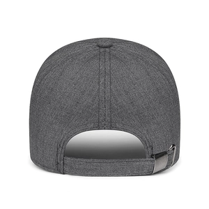 Rear view of grey textured sports baseball cap with adjustable metal buckle strap