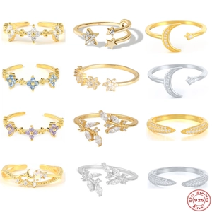 925 Sterling Silver Adjustable Open Rings For Women Cubic Zirconia Moon Star Leaf Floral Motif Minimalist Finger Jewelry Ring