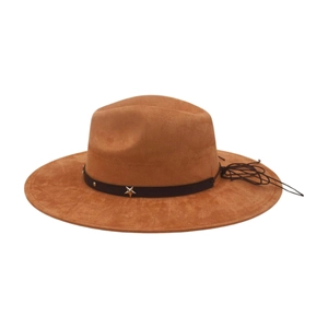 Detail of brown suede fedora featuring a star rivet leather band and fringe accent