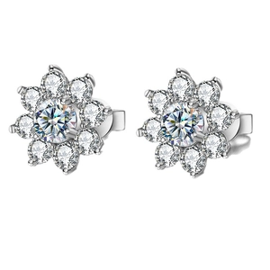 Elegant silver flower cluster stud earrings with sparkling moissanite round cut stones