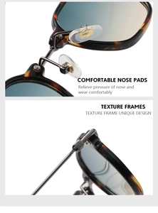 Detail of comfortable silicone nose pads and metal hinge on tortoiseshell sunglasses