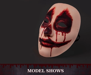 Detail of Halloween ghost bride mask with realistic red blood splatters and elastic strap