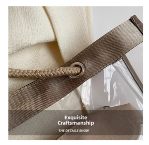 Detail view of transparent PVC tote bag with khaki braided drawstring and metal eyelet