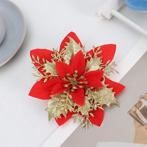 Artificial Christmas Poinsettia Flower Head Glitter Silk Fake Flowers For Xmas Tree Wreaths Wedding Party Holiday Decoration