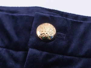 Detail of a vintage golden crest metal button on dark blue velvet fabric blazer