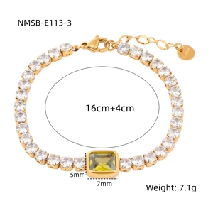Detail of gold tennis bracelet with green rectangular stone and 16cm+4cm length info