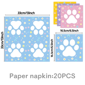 Detailed size view of colorful dog paw and daisy print party napkins for pet celebrations