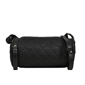 Quilted black cylinder shoulder bag with elegant lattice pattern and metal details