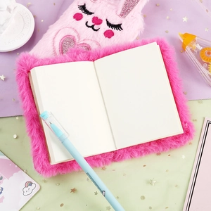 Pink plush rabbit notebook for girls featuring a cute furry cover and blank inner pages