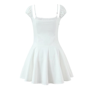 Back view of a chic white short sleeve dress with puff sleeves and pleated skirt hem