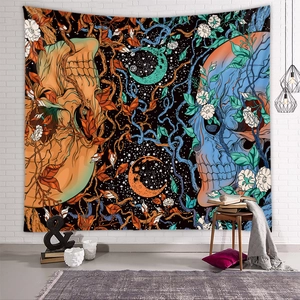 Psychadelic skull tapestry with moon and floral patterns on white brick wall background