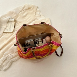 Rainbow woven straw beach bag with bamboo handles and large capacity interior space