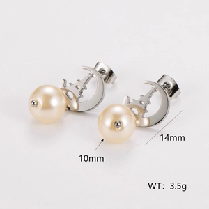 Detail view of silver moon star earrings with 10mm pearl showing 14mm height and 3.5g weight