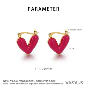 Detailed view of pink heart drip oil stainless steel huggie earrings with measurements