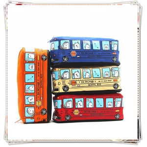 School bus canvas pencil cases in blue, red, orange, and beige with cartoon bears