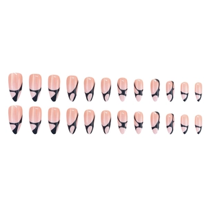 Nude pink almond press-on nails with abstract black swirl patterns, 24 piece set pack