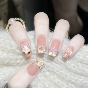Press On Nails Cat Eye Gradient Abs Plastic With 3D Bow Artificial Pearl Tweed Pattern Elegant Sweet Style For Women