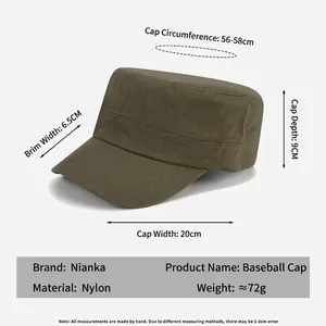 Classic army green flat top military cap for men and women with detailed size measurements