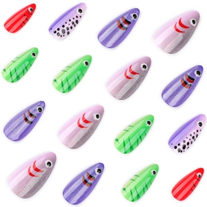 Colorful 3D cat eye press-on nails set featuring vibrant cartoon fish scale designs