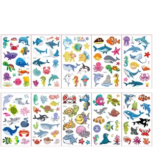 Detailed grid view of ten unique ocean animal cartoon waterproof temporary tattoo sheets
