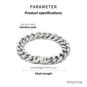 Detailed specs of the 11mm silver stainless steel Cuban link bracelet with square clasp