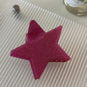 Pentagram star hair claw clip in vibrant rose red with shimmering glitter finish