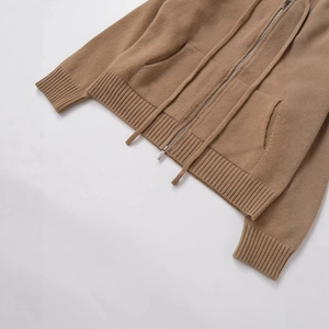 Camel drawstring hooded knit cardigan with zipper closure and ribbed hem for women