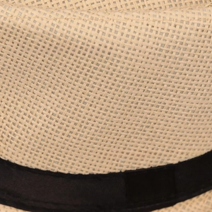 Close-up of finely woven paper straw texture and black ribbed decorative ribbon on hat