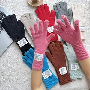 Knitted wool fingerless gloves for women with patch label in various colors on plush background