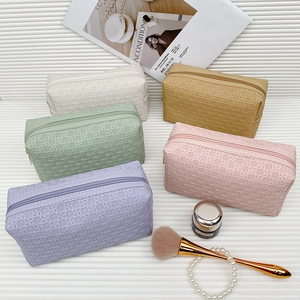 Woven Texture Cosmetic Bag Waterproof PVC Makeup Organizer Portable Travel Toiletry Pouch Solid Color For Women