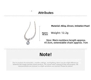 Detail showing pearl necklace dimensions, weight 12.2g, and light blue zircon drop charm