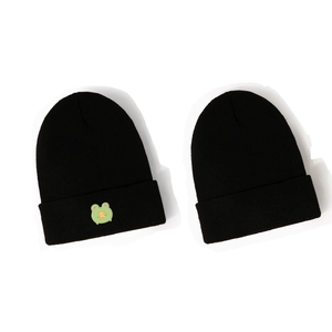 Two-piece set of black knit beanies featuring a cute green frog embroidery with star detail
