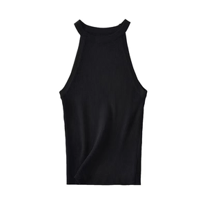 Top a lupetto nero da donna in maglia a costine vestibilità slim per l'estate