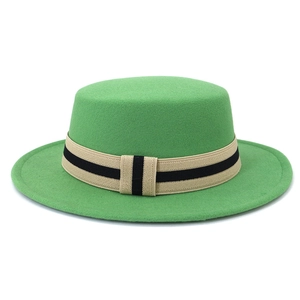 Classic green wool felt boater hat with stylish striped ribbon band for women