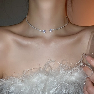 Double-layered silver choker featuring sparkling heart-shaped zircon stones on the neck