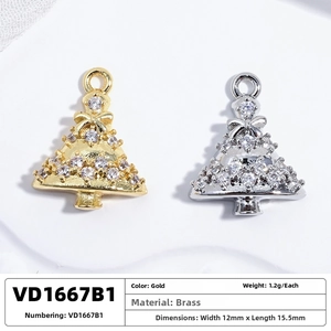 Detailed view of brass Christmas tree pendants with pave cubic zirconia in gold and silver