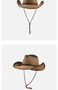 Detail of western straw cowboy hat with brown gradient weave and adjustable chin strap